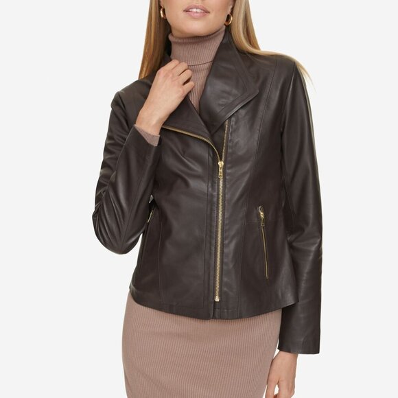 COLE HAAN Women's Mocha Brown Leather Molded Collar Asymmetric Jacket M - Picture 2 of 7